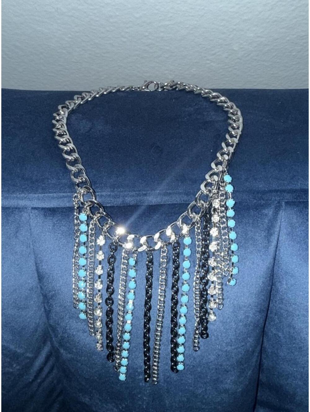 Cascading Silver tone Blue Bib Chain Necklace Tassel Choker BOHO CHIC Madden NYC